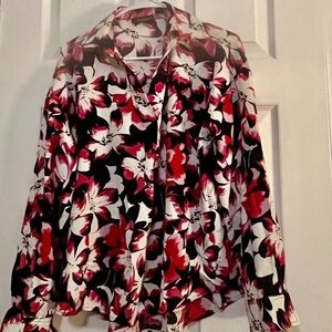 Rafaella Vibrant Red and Black Floral V neck Long Sleeves Shirt